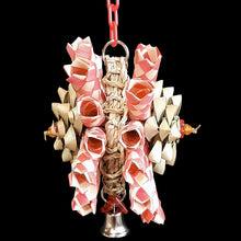 Load image into Gallery viewer, A double sided shredding toy made with bamboo shredders and palm leaf bows on a mini seagrass mat. Hangs on plastic chain with a nickel plated bell and charms on the bottom. Designed for small to intermediate sized birds. Available in assorted colors.
