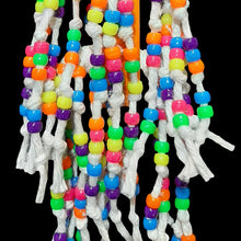 Load image into Gallery viewer, 300 pony beads knotted on cotton rope strands! The base is a brightly colored 1&quot; by 1&quot; by 6&quot; pine block hanging by nickel plated hardware with an acrylic bead. Our experience has shown bead toys help feather pickers and are a great starter for birds that don&#39;t know how to play with toys.
