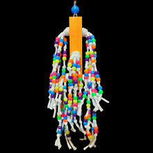 Load image into Gallery viewer, 300 pony beads knotted on cotton rope strands! The base is a brightly colored 1&quot; by 1&quot; by 6&quot; pine block hanging by nickel plated hardware with an acrylic bead. Our experience has shown bead toys help feather pickers and are a great starter for birds that don&#39;t know how to play with toys.
