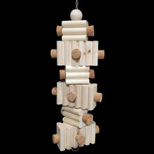 Load image into Gallery viewer, Uncolored, grooved pine blocks with cork stoppers inserted into the sides. Strung on nickel plated chain.
