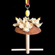 Load image into Gallery viewer, An adorable swing built for two! Made with a coconut shell and crunchy palm leaf rosettes with a 3/8&quot; diameter dowel perch. Designed for small birds such as finches, canaries, lovebirds, budgies and parrotlets.
