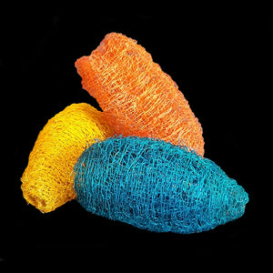 Brightly colored loofah measuring approx 3" in length. As they are a natural item, the size and shape will vary.