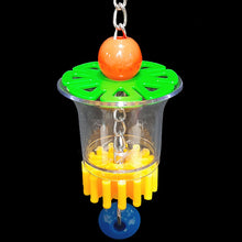 Load image into Gallery viewer, A clear acrylic cup with acrylic beads and a spinning gear hanging on nickel plated chain. Foraging stimulates natural behavior by making your bird work for its food! Be creative and hide your bird&#39;s favorite treats in shredded paper and stuff them into this cup. Designed for small to intermediate sized birds. Comes in assorted colors.  Measures approx 2-1/2&quot; by 8&quot; including link (cup measures 2&quot; by 2-1/2&quot; at the top).
