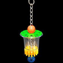 Load image into Gallery viewer, A clear acrylic cup with acrylic beads and a spinning gear hanging on nickel plated chain. Foraging stimulates natural behavior by making your bird work for its food! Be creative and hide your bird&#39;s favorite treats in shredded paper and stuff them into this cup. Designed for small to intermediate sized birds. Comes in assorted colors.  Measures approx 2-1/2&quot; by 8&quot; including link (cup measures 2&quot; by 2-1/2&quot; at the top).
