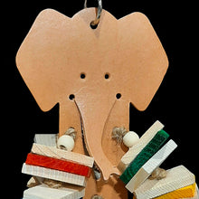 Load image into Gallery viewer, Lots of small, thin, pine wood pieces with small wood snap beads threaded on jute cord. The base is an adorable veggie tanned leather elephant head. Hangs from a short length of nickel plated chain. Designed for birds who like small, thin and easy to chew wood pieces.
