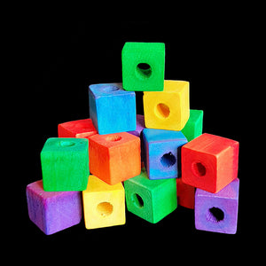 Small, brightly colored wood cubes measuring approx 5/8" with a 3/16" hole. Recommended for making small and intermediate bird toys.