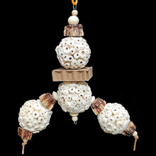 Load image into Gallery viewer, A fun, easy to chew and shred toy made with super soft sola balls, mahogany chunks, wood beads and a non-toxic honeycomb kraft block strung on stainless steel wire and paper rope. Designed for small to intermediate sized birds as well as rabbits.
