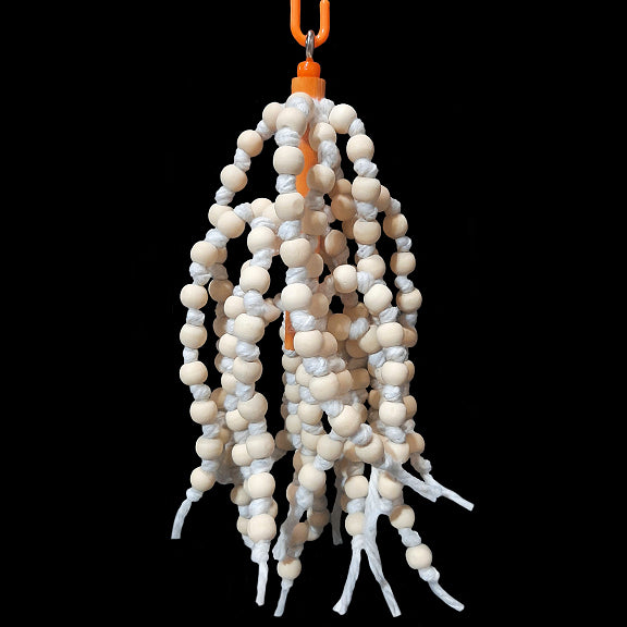 OVER 160 wood beads individually knotted on cotton rope! If your bird loves beads, they will love snapping the beads on this toy or working to undo each knot! 