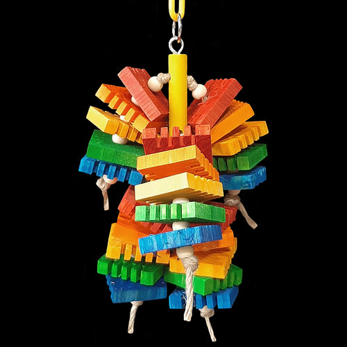 A smaller version of our Timber Falls! Made with 30 brightly colored Busy Beaver slices and wood snap beads strung on jute cord from a wooden dowel base. Designed for the beaks who prefer thinner, easy to nibble and chew wood pieces.  Measures approx 6