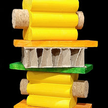 Load image into Gallery viewer, Three layers of brightly colored grooved pine blocks with cork stoppers in the ends, pine slats, cardboard honeycomb blocks and a wood ball strung on heavy jute cord.

Measures approx 3-1/2&quot; wide by 13&quot; including link.
