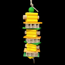 Load image into Gallery viewer, Three layers of brightly colored grooved pine blocks with cork stoppers in the ends, pine slats, cardboard honeycomb blocks and a wood ball strung on heavy jute cord.

Measures approx 3-1/2&quot; wide by 13&quot; including link.
