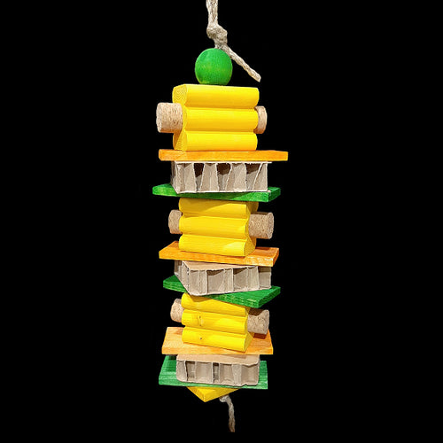 Three layers of brightly colored grooved pine blocks with cork stoppers in the ends, pine slats, cardboard honeycomb blocks and a wood ball strung on heavy jute cord.

Measures approx 3-1/2