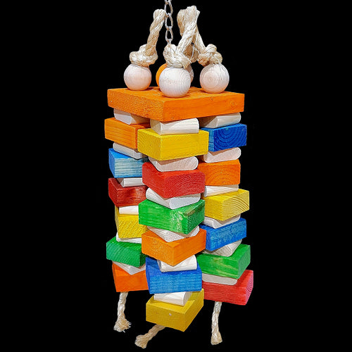 Four columns of chunky pine blocks and pine wafer blocks strung on sisal rope under a pine block base. Hangs on nickel plated chain. A perfect toy for the feathered woodchuck in your family!