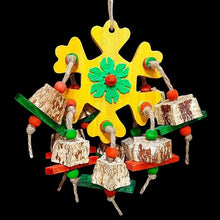 Load image into Gallery viewer, A brightly colored pine wood snowflake cutout with mahogany chunks, mini softwood slats and lots of small wood snap beads dangling on jute cord. In the middle of the cutout is a spinning plastic snowflake on each side. Designed for intermediate up to medium sized birds that like smaller, easy to chew toys.
